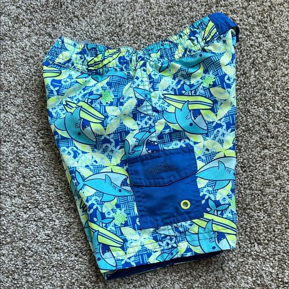 UV Skinz Toddler Boys Shark Print Swim Shorts, Blue/Green, Size 2T, UPF 50+